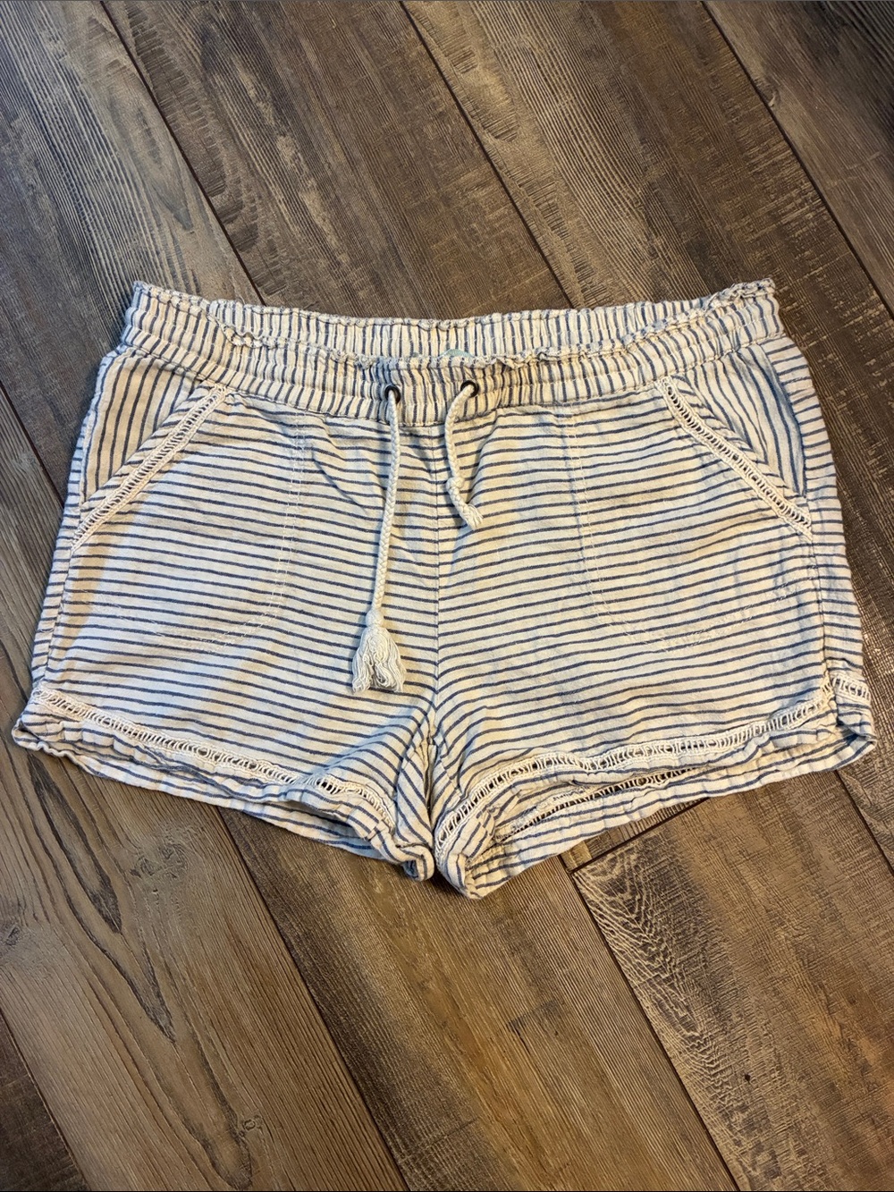 Maurices Cream and Blue Striped Drawstring Athletic Shorts